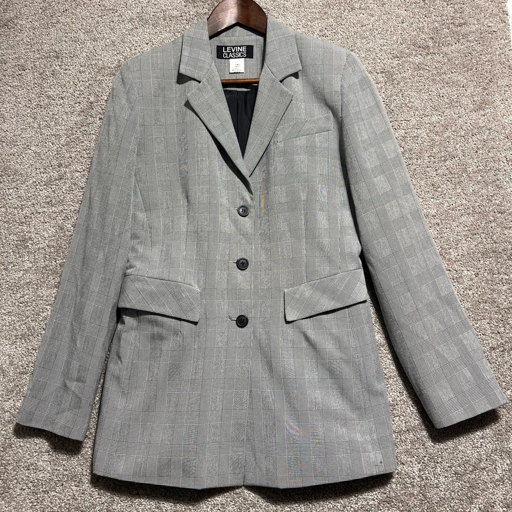 Levine Classics Woman’s Black White Plaid Rayon Blend Button Up Blazer Size 6